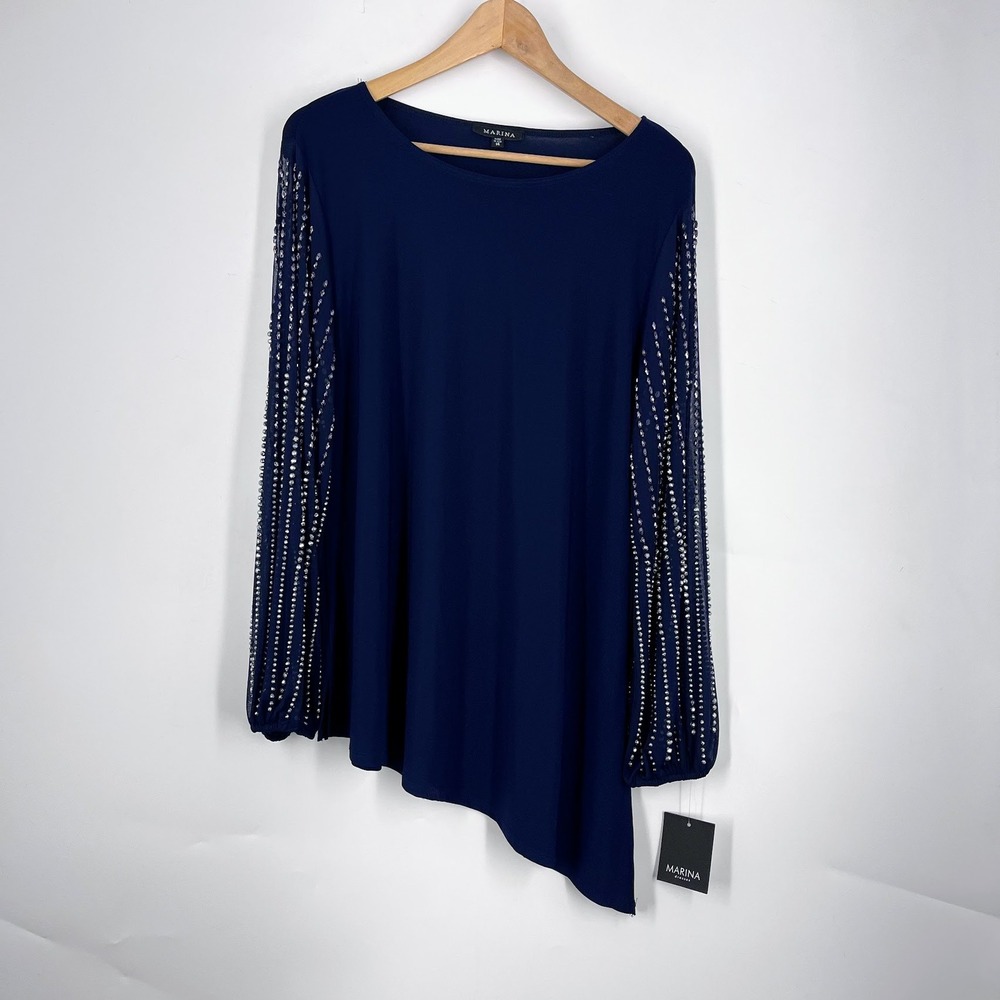 Marina Womens Navy Blue Rhinestone Mesh Sleeve Asymmetric Hem Blouse Top Size 14